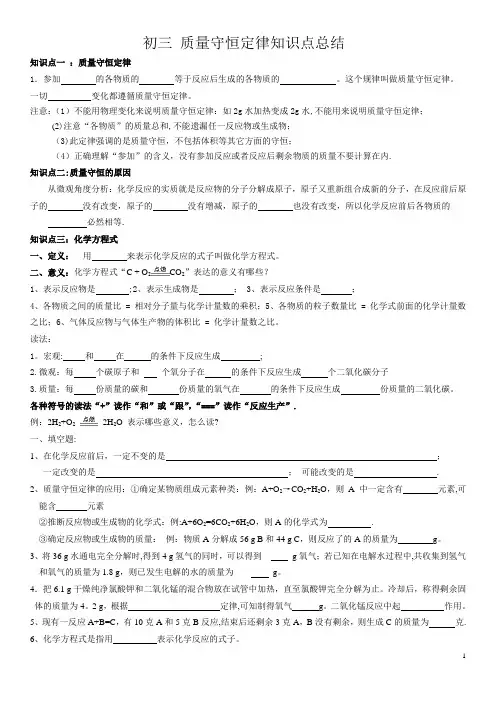 初三化学-质量守恒定律知识点总结