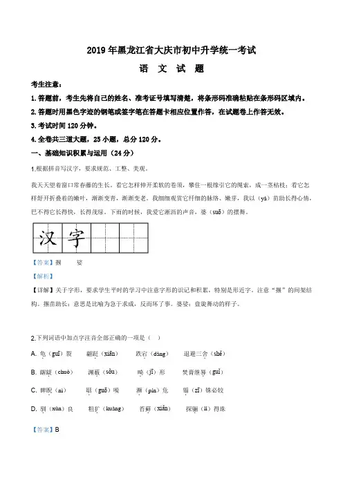 精品解析：黑龙江省大庆市2019年中考语文试题(解析版)