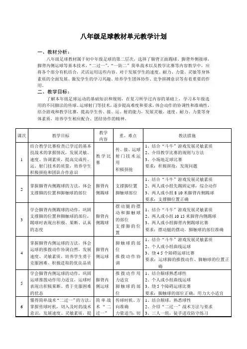八年级足球教材单元教学计划