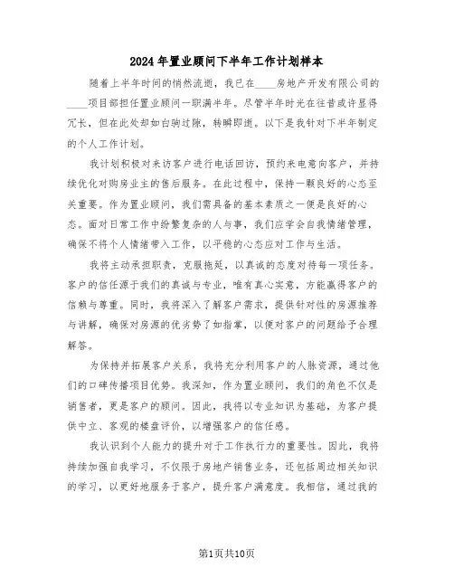 2024年置业顾问下半年工作计划样本（六篇）