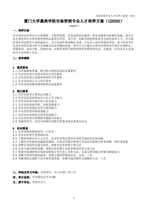 厦门大学嘉庚学院市场营销专业人才培养方案(120202)