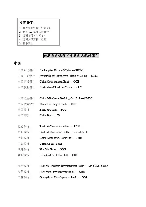 银行：全球各大银行（中英文）