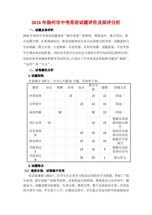 2016年扬州市中考英语试题评价及阅评分析