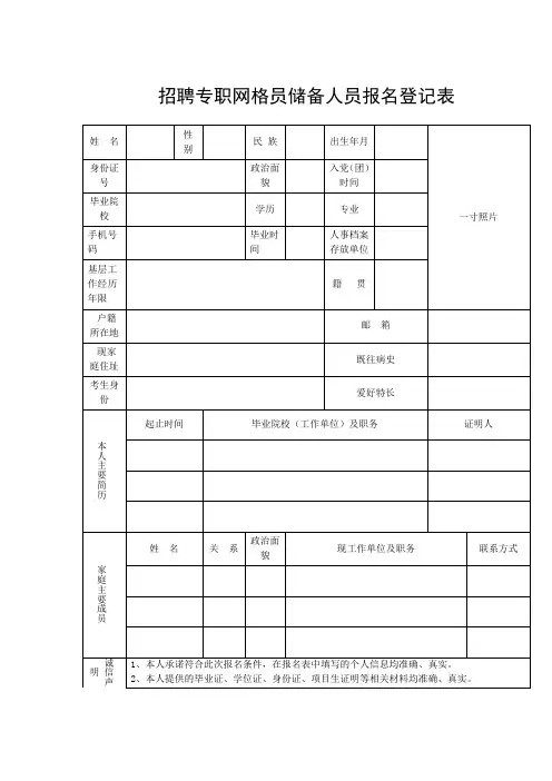 招聘专职网格员储备人员报名登记表
