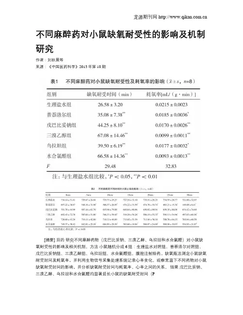 不同麻醉药对小鼠缺氧耐受性的影响及机制研究