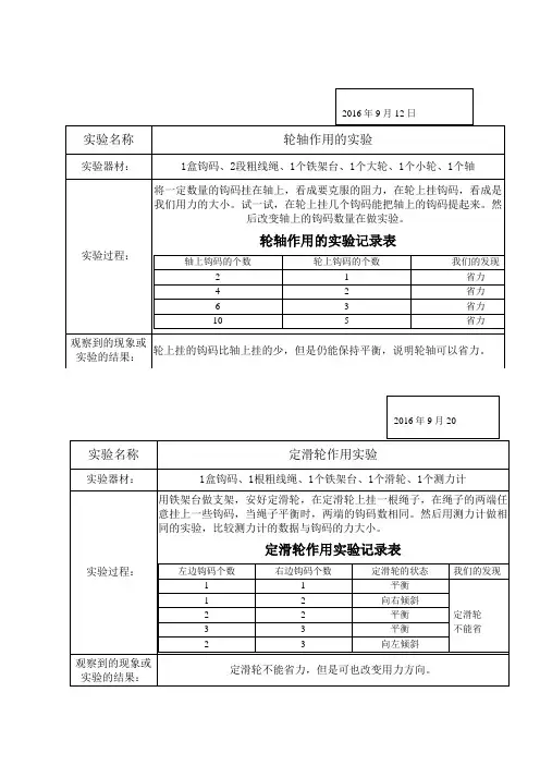 26.教科版科学六年级上册 学生实验记录单