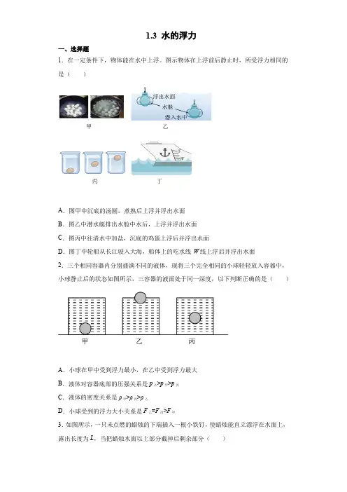 13水的浮力(练习)2021-2022学年八年级科学上册(浙教版)