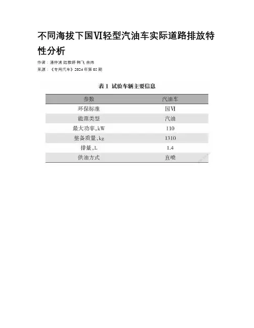 不同海拔下国Ⅵ轻型汽油车实际道路排放特性分析