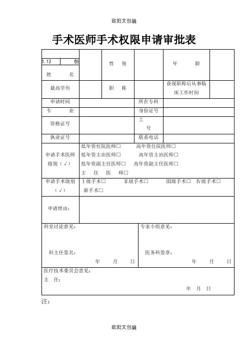 手术权限申请审批表及手术资质授权介绍模板之欧阳文创编