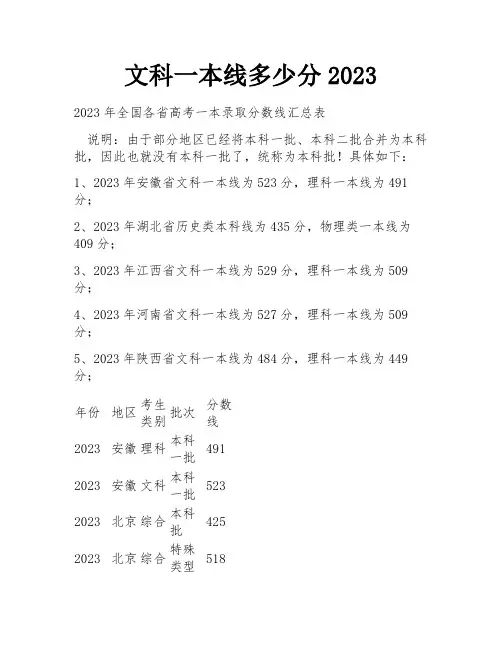 文科一本线多少分2023
