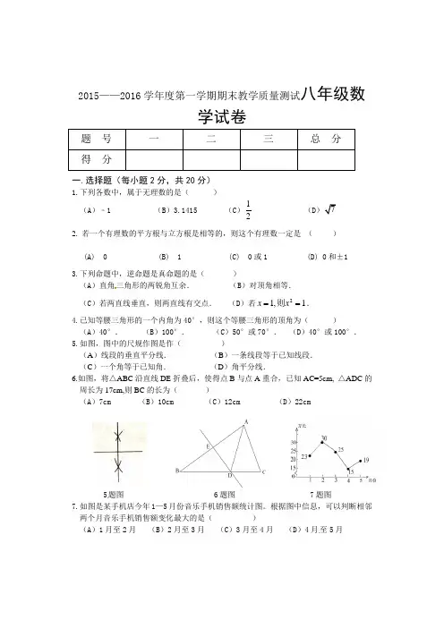 2015——2016学年度第一学期期末教学质量测试八年级数学试卷附答案