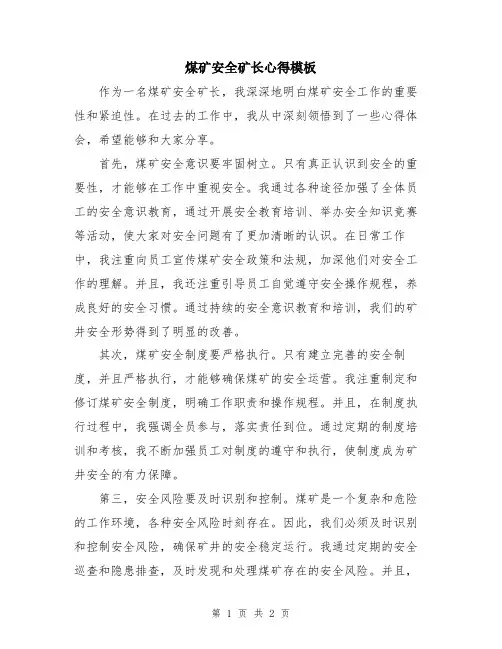 煤矿安全矿长心得模板