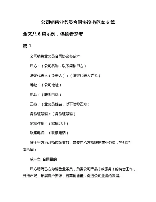 公司销售业务员合同协议书范本6篇