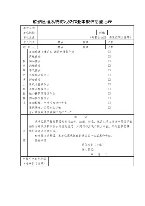 船舶管理系统防污染作业申报信息登记表