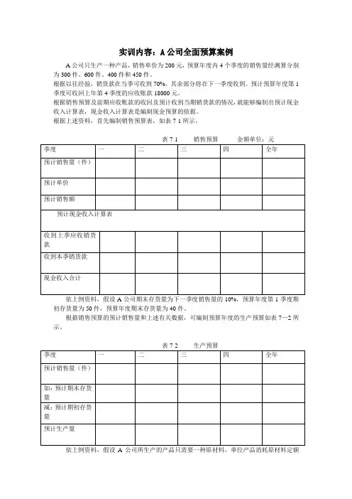 实训7 全面预算案例(作业)