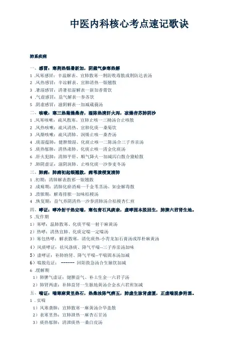 中医内科速记歌诀一句话口诀1