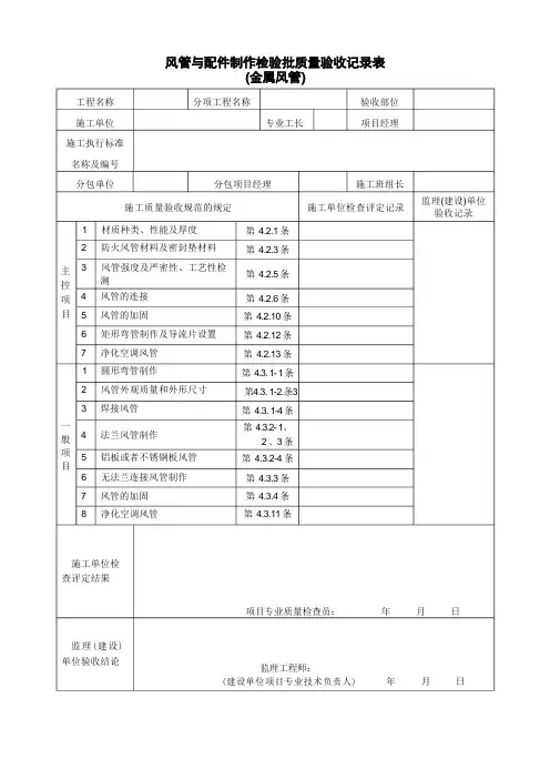 通风及空调工程检验批质量验收记录表