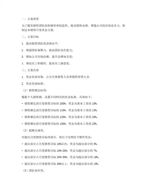 销售月度奖金方案范文
