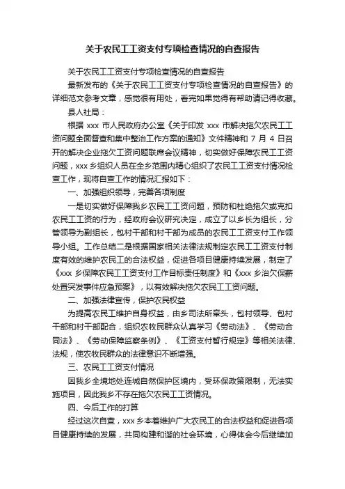 关于农民工工资支付专项检查情况的自查报告