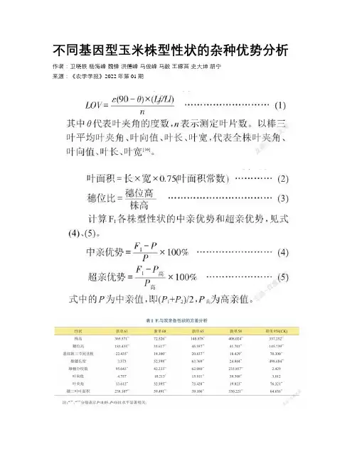 不同基因型玉米株型性状的杂种优势分析