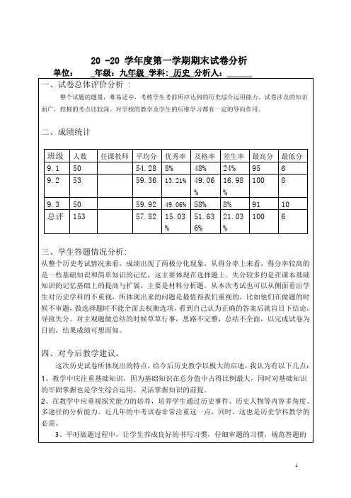 历史九年级上册期末测试试卷分析