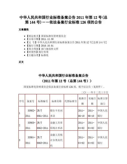 中华人民共和国行业标准备案公告2011年第12号(总第144号)－－依法备案行业标准126项的公告