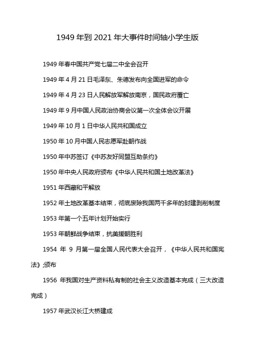 1949年到2021年大事件时间轴小学生版