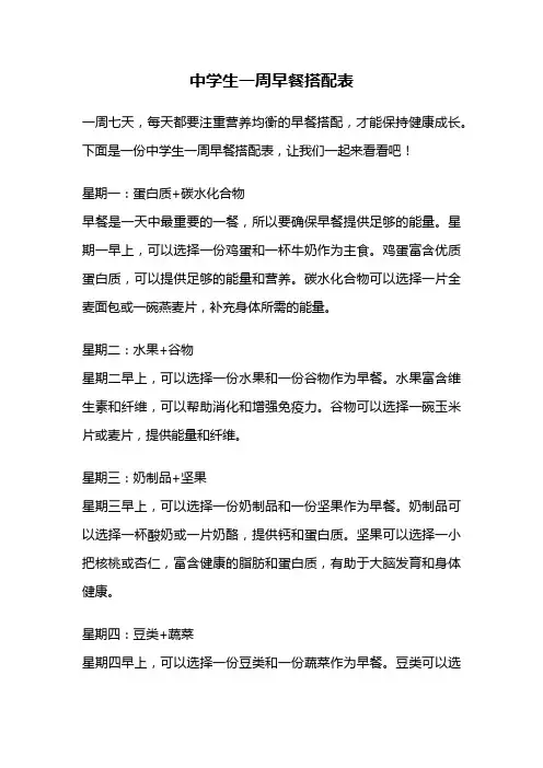 中学生一周早餐搭配表