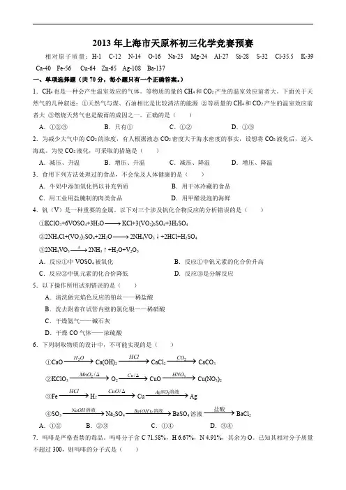 2013年上海市天原杯初赛试卷及答案.pdf