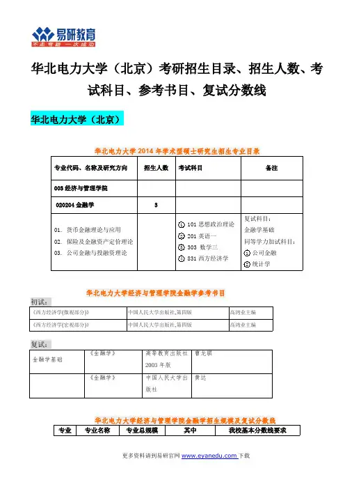 华北电力大学(北京)考研招生目录、招生人数、考试科目、参考书目、复试分数线