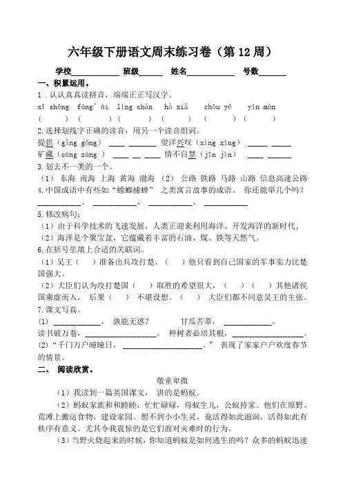 部编版小学语文六年级下册周末练习卷(第12周)