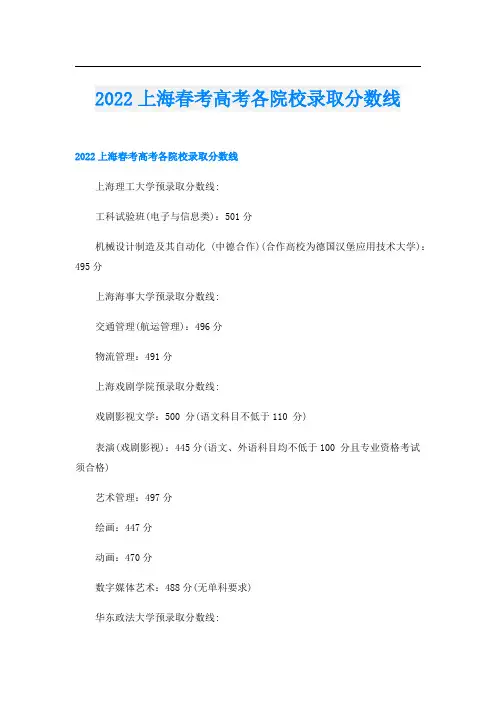 2022上海春考高考各院校录取分数线