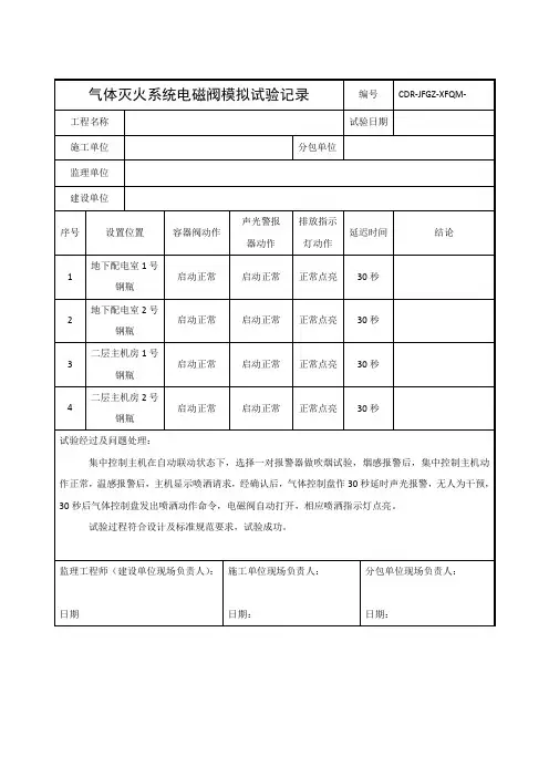 气体灭火系统电磁阀模拟试验记录