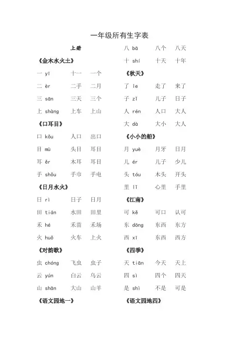 一年级所有生字表