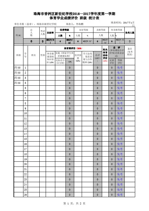 体育学业成绩评价班级统计表