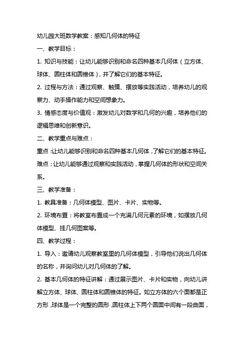幼儿园大班数学教案：感知几何体的特征
