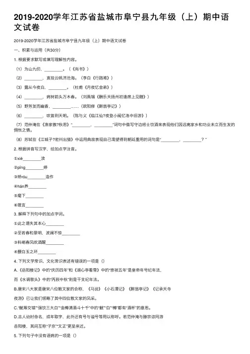 2019-2020学年江苏省盐城市阜宁县九年级（上）期中语文试卷
