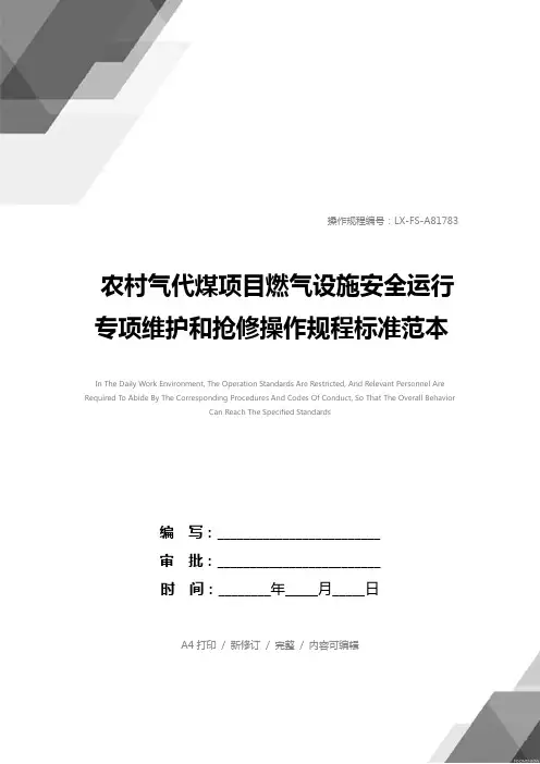 农村气代煤项目燃气设施安全运行专项维护和抢修操作规程标准范本