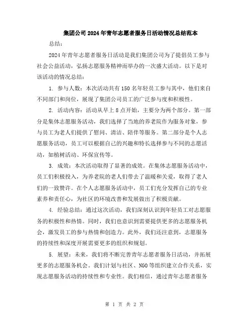 集团公司2024年青年志愿者服务日活动情况总结范本