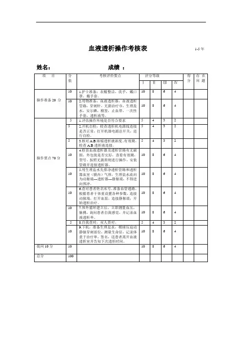 血液透析上下机操作考核表