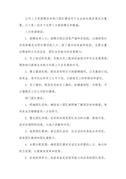 公司人力资源建设及部门团队建设的建议和措施。