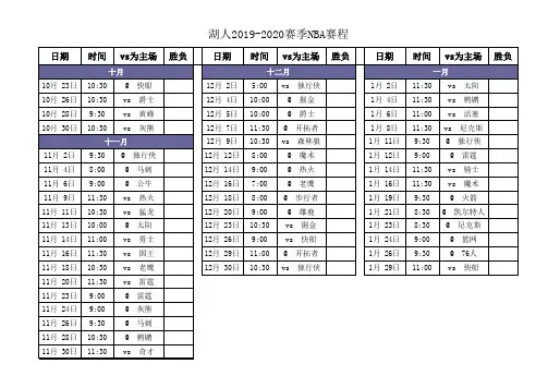 湖人2019-2020赛季NBA赛程