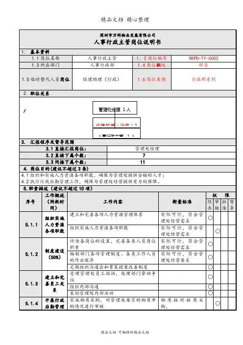 科万物业人事行政主管岗位说明书