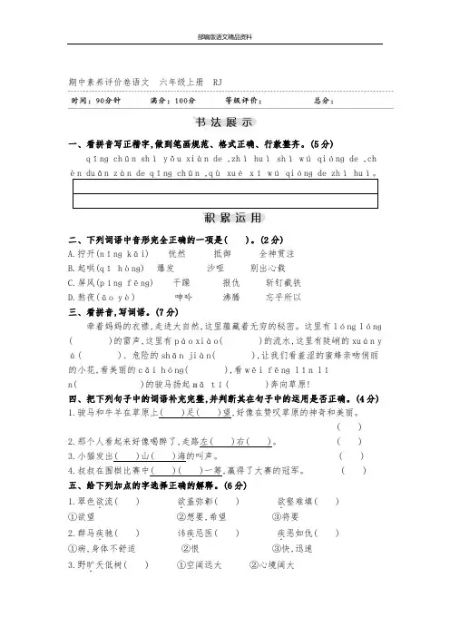 【统编版(教育部审定)】部编版六年级上册语文试题-期中素养评价卷  人教(部编版)(含答案)
