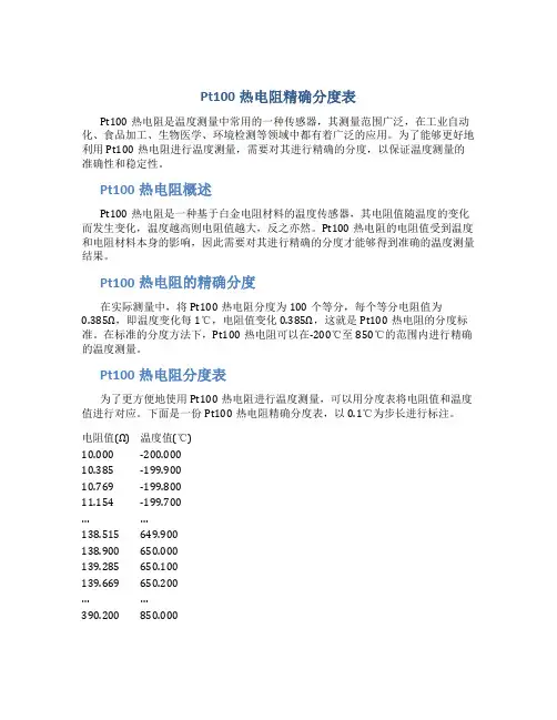 Pt100热电阻精确分度表