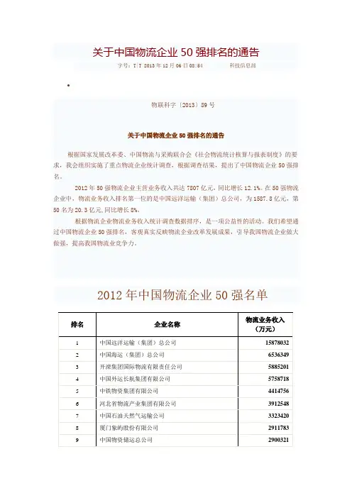 中国物流50强排名(超全1)