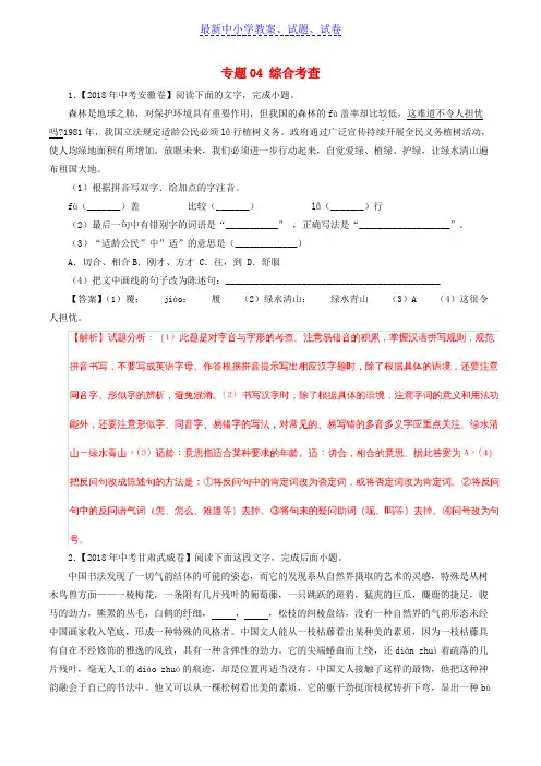 中考语文试题分项版解析汇编：(第01期)专题04 综合考查(含解析)