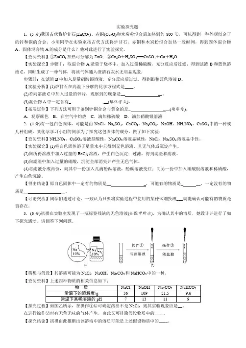 2021年中考化学总复习重点题型专项训练： 实验探究题