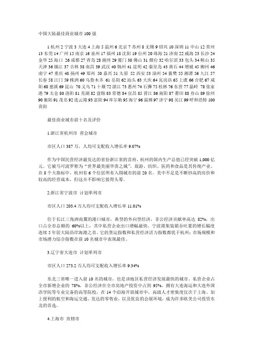 中国大陆最佳商业城市100强