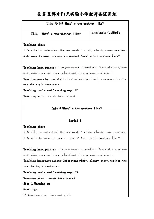最新湘少版三下Unit 9 What's the weather like全英文教案
